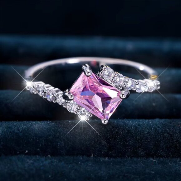 NEW 18k White Gold Pink Sapphire Diamond Ring Emerald Cut Ring - Picture 2 of 6